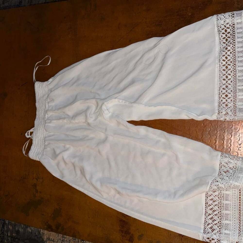 Goa Beachwear by Japna Pants Size M White Viscose Crochet Lace Boho